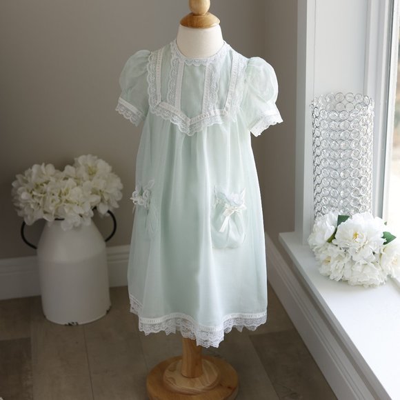 RARE Vintage Heirloom 1970's Gunne Sax Girls Dress Size 4/5 Mint Green GORGEOUS - Picture 7 of 10